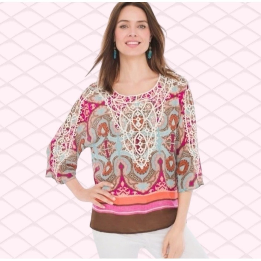 NWT Chico's SZ 1 Safari Chic White Crochet Top Pink Multi Print Short Sleeve